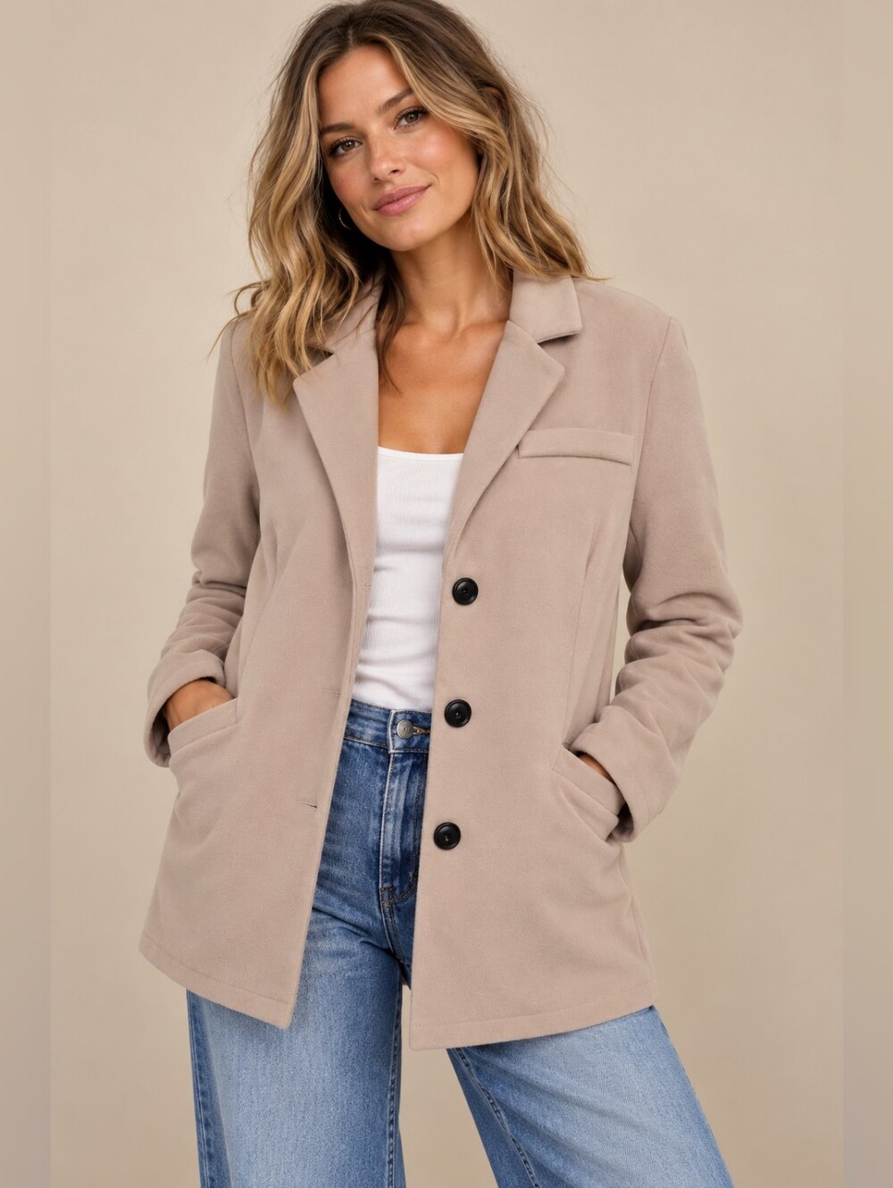 BooHoo Oversized Shoulder Pad Wool Look Jacket Size 10 Taupe